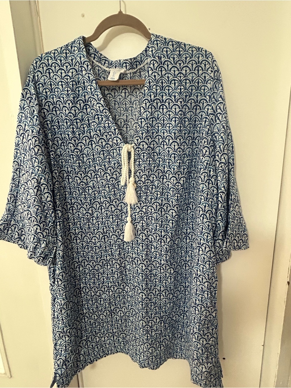 Sigrid Olsen Blue and White Printed Long Sleeve Tunic Dress with Tassel Tie